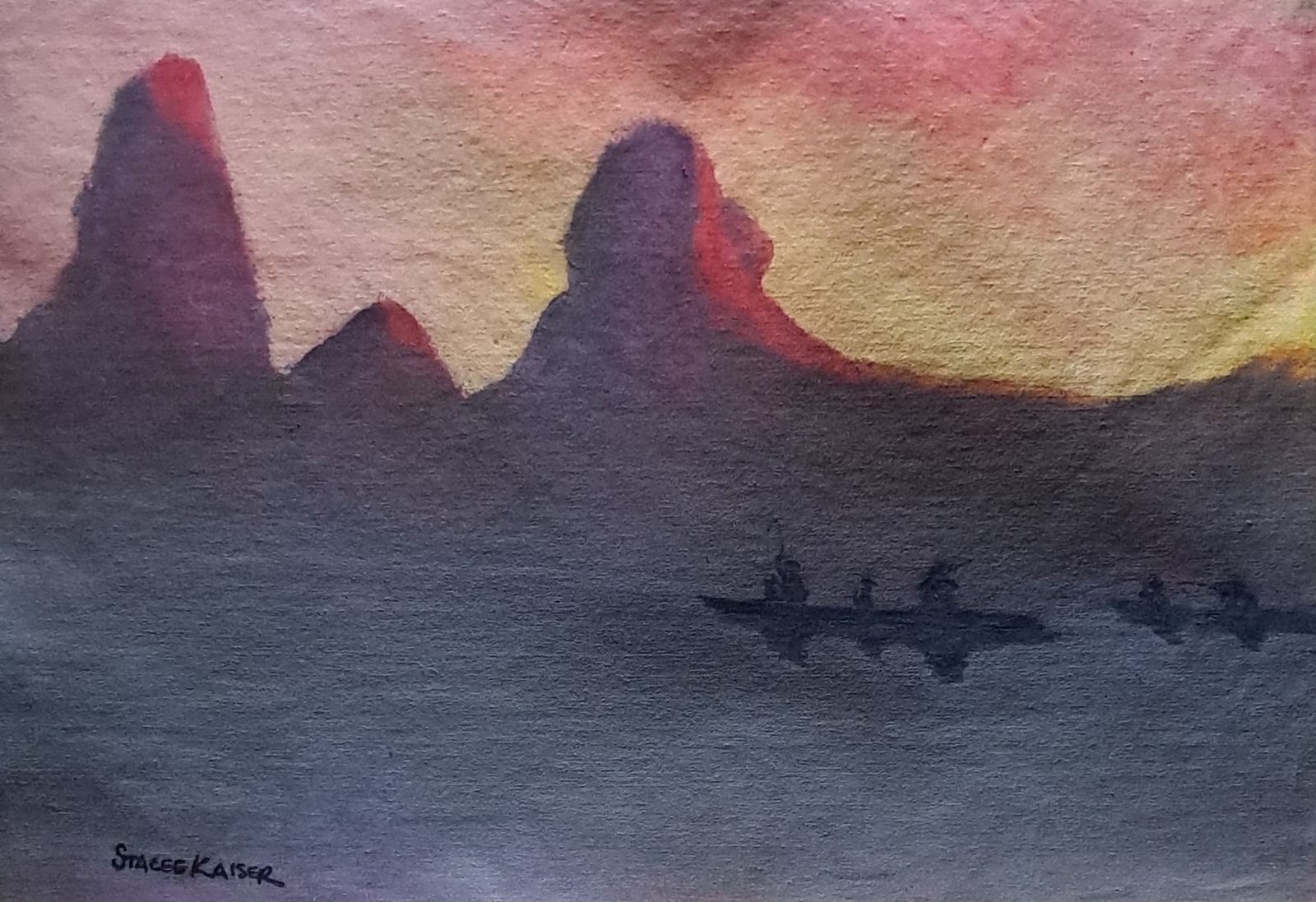 Watercolor silhouette of small boats on a lake beneath layered mountain peaks